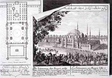 Plan och utsikt över Suleymaniye-moskén, Istanbul, från "Design av en historisk arkitektur", graverad av Johann Adam Delsenbach