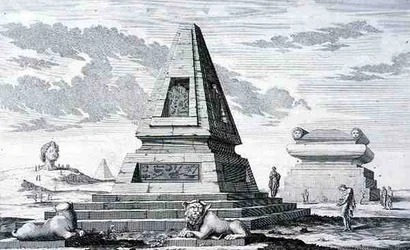 Pyramider som markerar graven till kung Sotis av Egypten, hittade i ruinerna av Heliopolis. från 