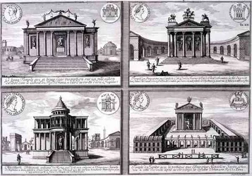 Vy över fyra tempel tagna från romerska mynt, från "Design av en historisk arkitektur", graverad av Johann Adam Delsenbach (1687-1765)