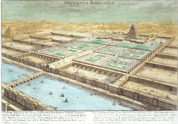Vy över det antika Babylon med de hängande trädgårdarna och Jupiter Belus tempel, plansch 3 ur "Entwurf einer historischen Architektur", graverad av Johann Adam Delsenbach (1687-1765), 1721