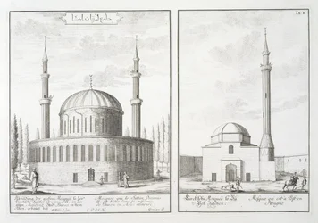 Utsikt över en moské i Bursa och en moské i Ungern, från "Blueprint of a Historic Architecture", 1721