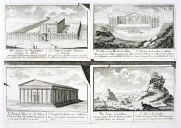Utsikt över fyra klassiska byggnader: Zeus tempel, Dionysos teater i Aten, Athenatemplet i Aten och ett tempel i Korinth, från Entwurf einer historischen Architektur,