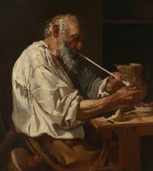 Gammal bonde tänder ett rör, ca. 1660.