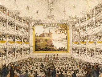 Österrike, Wien, inredning av Theater an der Wien (Wien teater), akvarelltryck av J.C. Schoeller