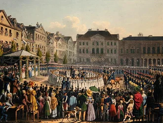 Flagginvigningsceremoni av Kassel Citizen Guard 1831 (färg litho)