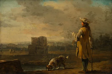 Gentleman med hund i landskap