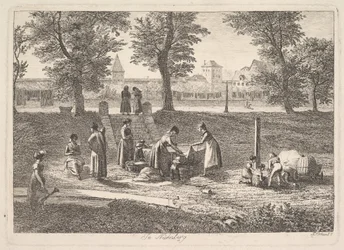 Utomhusscen för kvinnor i inhemska aktiviteter i Nurnberg, 1800-talet.