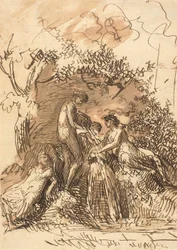 Unga flickor vid en fontän (recto); Fragment av Sketch of Legs (verso)