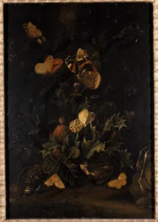 Blommor med fjärilar och padda (olja på ekträ)