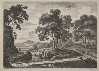 Panoramautsikt över flodlandskap med resenärer