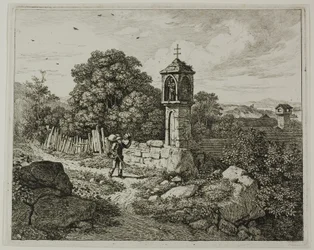 Farmer Greeting a Roadside Shrine of the Madonna, tallrik ett från The Two Large Landscapes with the Prayer Pillars