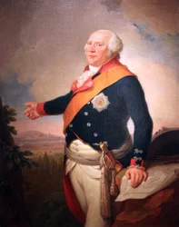 Porträtt av kung Fredrik Vilhelm II av Preussen (1744-1797) med en stjärna av den preussiska Svarta örnen-orden, vänster hand vilande på en karta över Frankfurt, landskap med den preussiska armén i läger utanför Frankfurt