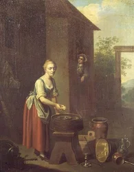 En piga som diskar på en gård