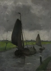 Vattendrag med segelpråmar