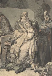 En kvinna vid hennes toalett med en piga, en pojke, en hund och en ung soldat, tergo: A Sketch..., 1770.