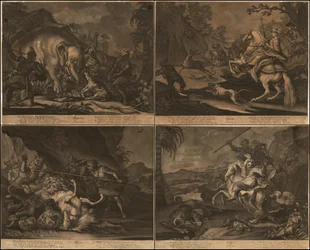 Ca. 1770 allegoriska mezzotintor av Afrika, Asien, Amerika och Europa på en sida