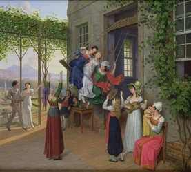 Ungdomar som leker på en gunga i en trädgård nära Neapel, 1823