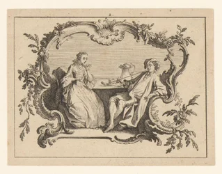Kvinna och piprökande man vid ett bord i en kartusch Smokers on rokoco ornament (serietitel)
