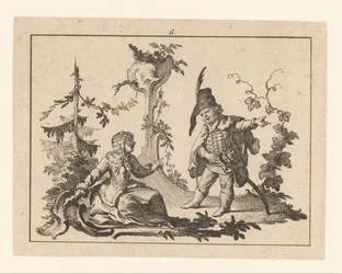 Sittande kvinna med en stående man med en pipa bredvid sig på en rokokostrydnad Smokers on rokoco ornament (serietitel)