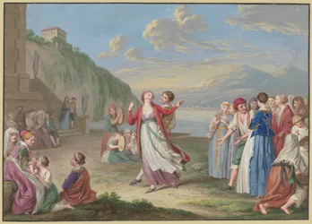 Italienska lantbor roar sig med lek och dans vid sjöstranden, med höga berg i bakgrunden