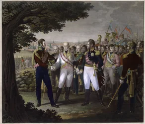 Den ryske tsaren Alexander I (1777-1825), den österrikiske kejsaren Francois I (1768-1835) och den preussiske kungen Frederic Guillaume (Frederic-Guillaume) III i Prag den 18 mars 1813 - Mötet mellan kejsarna Frans I av Österrike, Alexander I av Ryssland o
