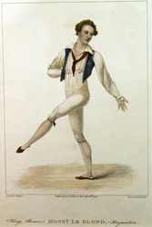 Porträtt av Monsieur Le Blond, en dansare på Haymarket Theatre, London, dansande med ben och arm utsträckt, graverad av R. Cooper