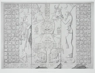 Relief föreställande en präst med offergåvor från Soltemplets helgedom, Palenque, plåtarna 29 och 30 från Mexikos antika monument, graverade av Werner, 1866