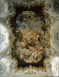 Barockkonst: "Jungfrun omgiven av heliga"" Fresk av valvet av Johann Georg Bergmuller (1688-1792) 1736 Augustinerklostrets kyrka. 1732-1739 Diessen am Ammersee, Tyskland