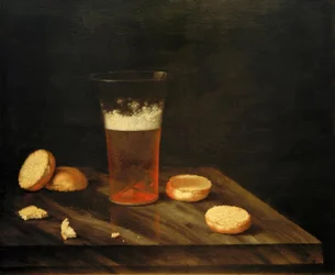 Stilleben med ett ölglas och semlor