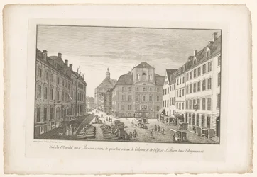 Vy över en fiskmarknad i Köln med Sint-Petruskerk Utsikt över fiskmarknaden i Kölns gamla stadsdel och Eglise St. Pierre, dans l