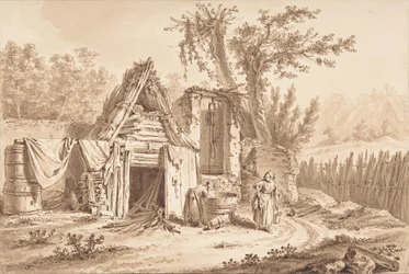 Tvättkvinnor framför en stuga, 1769.