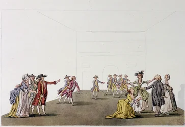Sista scen av "Père de famille" av Denis Diderot - fac simile - gravyr efter en teckning av Ziesenis, Coutellier, i "Histoire generale illustrée du theatre""