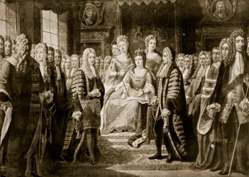 Unionsartiklarna överlämnas till drottning Anna, 1706, illustration ur "Hutchinsons historia om den brittiska nationen", omkring 1923