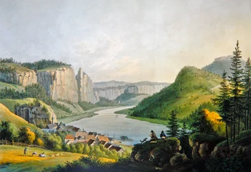Vy över Wehlen på Elbe nära Konigstein i Sachsen, graverad av Johann-Friedrich Wizani (1770-1835) (färgstick)