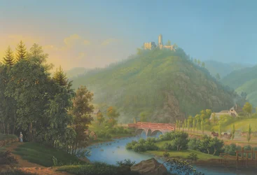 Utsikt över Kynsburg över floddalen Weistritz i Schlesien, sent 1700-1800-tal.