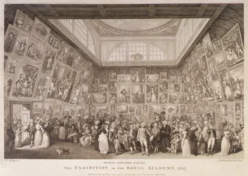 Interiörvy av Somerset House som visar en utställning av Royal Academy of Arts 1787