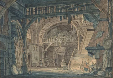 Scenografi av en antik romersk ruin som omvandlas till en lada, sent 1700-mitten av 1800-talet.