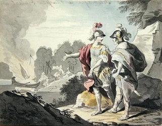 Nestor visar skeppet Telemachus (grafit och akvarell på papper)