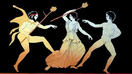 En satyr, en Maenad och manlig anhängare av Dionysos dansar i vanvett ca 1796 (kopparplåtsgravyr)