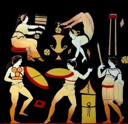 Akrobater och tre män som utför krigsdansen Pyrrhichios eller Pyrrhike c.1796 (kopparplåtsgravering)