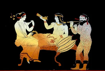 Dionysius deltog av en Maenad och en satyr som spelar en Aulos c.1796 (kopparplåtsgravyr)