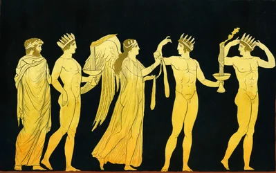 Gudinnan Nike delar ut Segerns skärp till tre lagerkrönta vinnare ca 1796