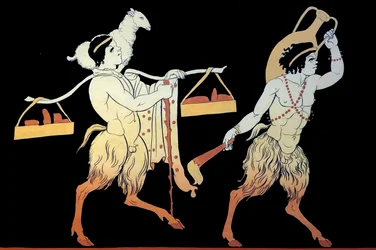 Två fauner bär hyllningar och erbjudanden till Dionysia-festivalen med hjälp av en bärstolpe.1796 (kopparplåtsgravering)