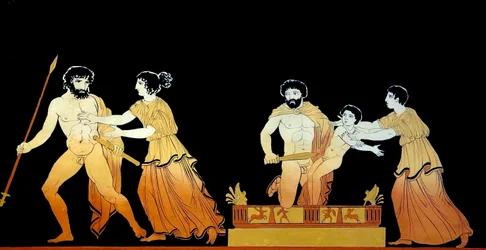 klassisk scen som tros vara soldater som hotar livet på Astyanax när hans mor Andromache försöker skydda honom ca 1796 (kopparplåtsgravyr)