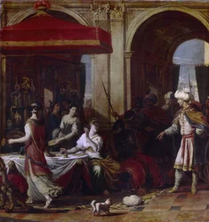 Esthers bankett (Esters högtid). Esther (Hadassah bat Avihail) hustru till Assuerus, kung av Persien (Xerxes I, 519-465 f.Kr.), efter dekretet om utrotning av rikets judar av vesiren Haman, bjöd hon in de två männen till en bankett där hon