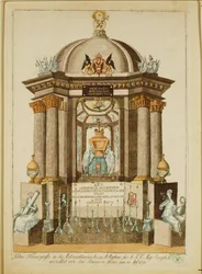Begravningsmonument (Castrum Doloris) uppfört av medborgarna i Wien för requiemmässan för kejsaren (gravyr)