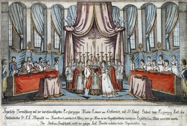 Marie-Louise gifte sig med Napoleon genom fullmakt i Wien, med ärkehertig Karl som ställföreträdare för Napoleon - Loeschenkohl, Johann Hieronymus (1753-1807) - 1810 - Etsning, akvarell - 33,4x44,5 - Privat samling