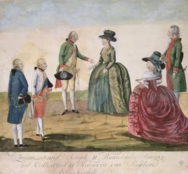 Möte mellan Josef II av Tyskland (1741-90) och kejsarinnan Katarina den stora (1729-96) i Koidak, 18 maj 1787 (färgad kopparstick)