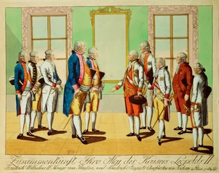 Kejsar Leopold II:s möte med kung Friedrich-Wilhelm III av Preussen och kurfursten Friedrich August av Sachsen i slottet Pilnitz ... (gravyr)