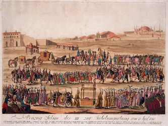 Sultanen Selim III:s (1761-1808) inträde i sabeln den 13 april 1789 - Loeschenkohl, Johann Hieronymus (1753-1807) - 1789 - Etsning, akvarell - 38,6x50,2 - Privat samling